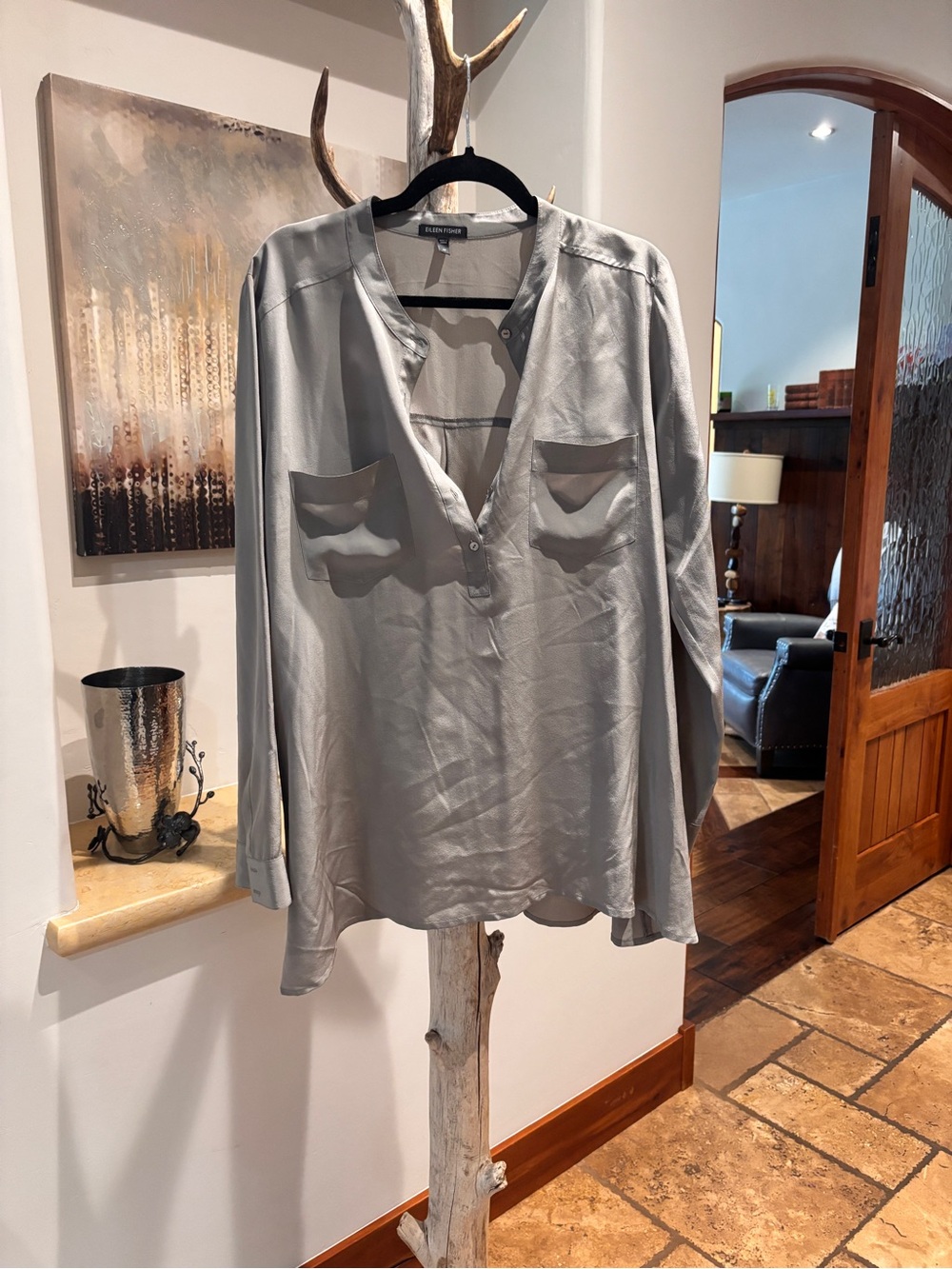 Eileen Fisher Dove Gray Silk Henley Blouse
